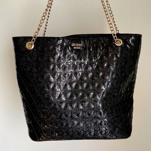 GUESS Black Large Shoulder Tote Bag with Metal Chain Handles
